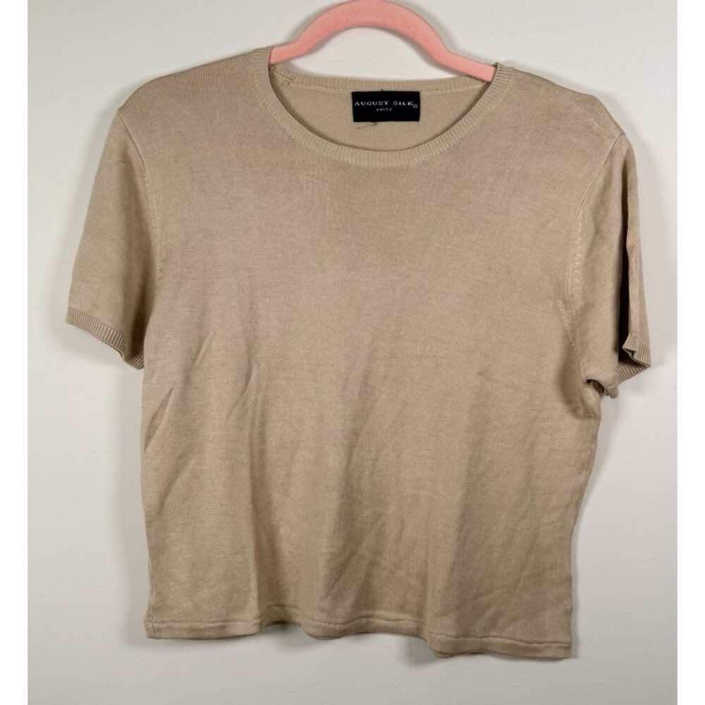 August Silk Womens Beige Solid Silk Knit Crew Neck Short Sleeve Sweater Small